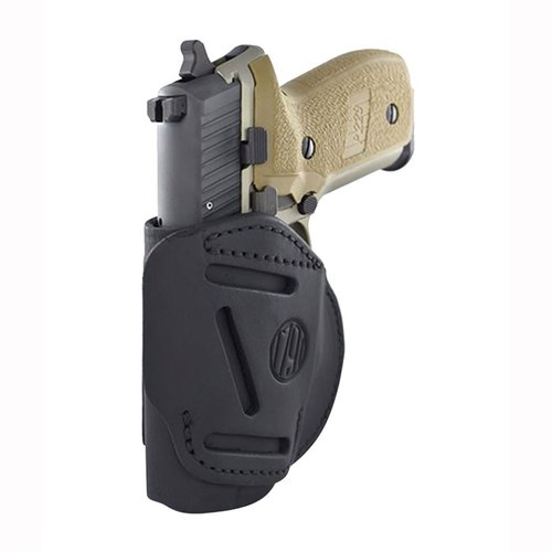 Entdecke das 4-Way Holster aus Rindsleder für vielseitigen Tragekomfort. Ideal für Glock, Sig Sauer & mehr! 🖤 Anpassbar für Lichter und Laser.