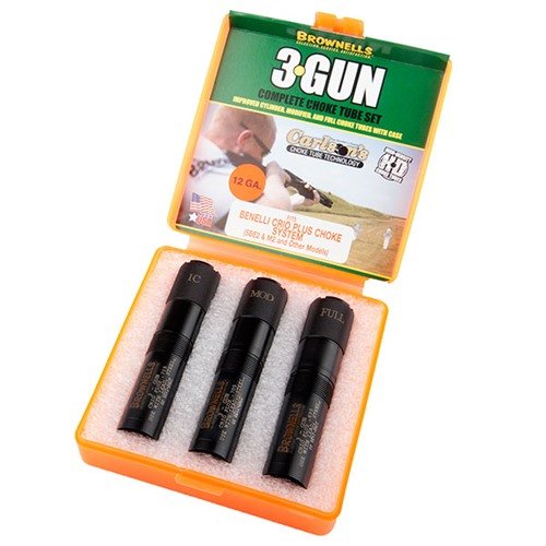 Entdecke das 12GA 3-Gun Choke Tube Set von Brownells! 🎯 Ideal für 3-Gun-Wettkämpfe mit Full, Modified und Improved Cylinder Rohren.