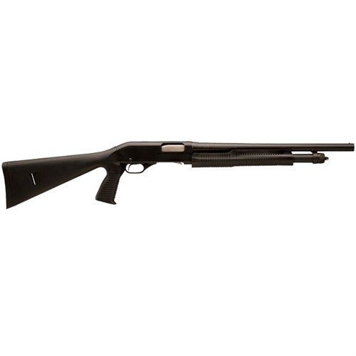 Die Stevens 320 Security Pump 12ga mit 18,5" Lauf und Pistolengriff bietet zuverlässige Pump-Action, Dual Slide-Bars, und eine Kapazität von 5+1.