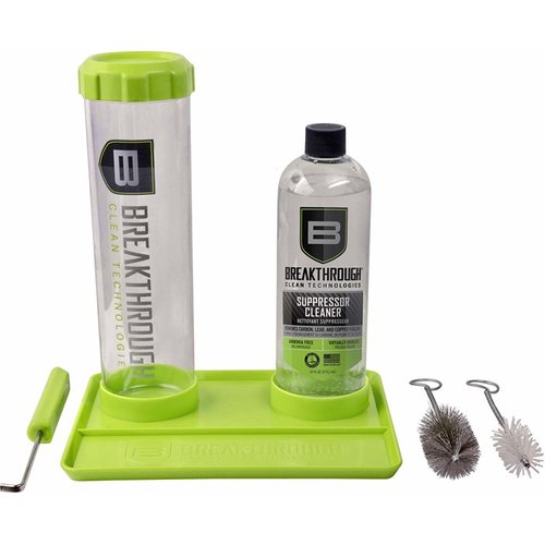 Mit dem Breakthrough Clean Suppressor Cleaning Kit reinigst du deinen Schalli effektiv: 16 oz Suppressor Cleaner, Soaking Tube, spezialisierte Bürsten und mehr!