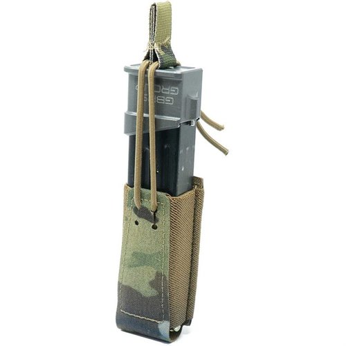 Die GBRS Group Single Pistol Mag Pouch bietet MOLLE/BELT-Kompatibilität, abnehmbare Bungee-Retention und eine glatte Handhabung für die meisten doppelgestapelten Magazine.