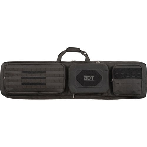 Die 52" Double Suppressor Tactical Rifle Case bietet Platz für mehrere Waffen und Zubehör, mit hitzebeständigem Pouch, gepolstertem Innenraum und praktischen Tragegriffen.