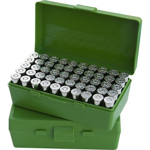 Die FLIP TOP PISTOL AMMO BOX von MTM CASE-GARD bietet eine robuste, stapelbare Lösung für 50 Schuss. Ideal für das Schießen und die Aufbewahrung von Nachladungen.