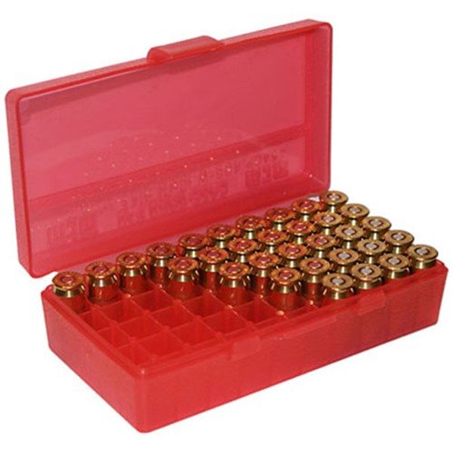 Die FLIP TOP PISTOL AMMO BOX von MTM CASE-GARD ist ideal für die Aufbewahrung von 50 Patronen, hat eine rutschfeste Oberfläche, ist stapelbar und 25 Jahre garantiert.