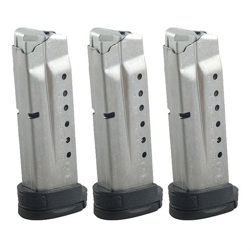 Die M&P Shield 9mm Magazine von Smith & Wesson bieten eine Kapazität von 7 oder 8 Runden, sind aus Stahl gefertigt und haben eine erweiterte Basis für besseren Grip.