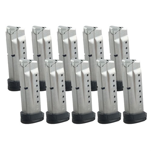 Die M&P Shield 9mm Magazine von Smith & Wesson bieten 7 oder 8 Runden Kapazität, sind aus Stahl gefertigt und haben eine verbesserte Grifffläche für mehr Komfort.