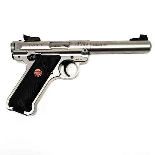 Die Ruger Mark IV Target Pistole in Edelstahl Kal. .22lr bietet dir präzise Schussleistung, einfache Handhabung und ein ergonomisches Design für optimale Kontrolle.
