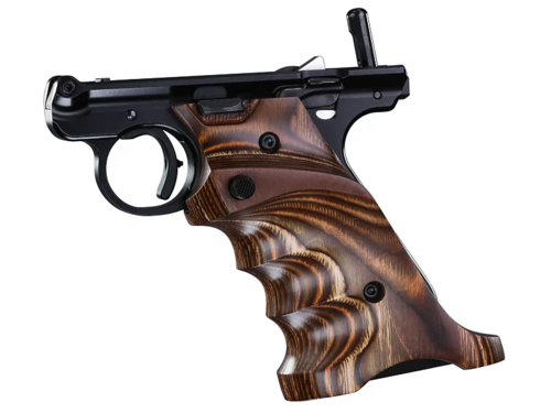 Volquartsen Laminated Target Grips für Ruger MK IV Pistolen. Ergonomische Holzgriffschalen mit Daumenauflage, Fingerillen und Magazinrelease-Verlängerung. Rechtshänder-Version.
